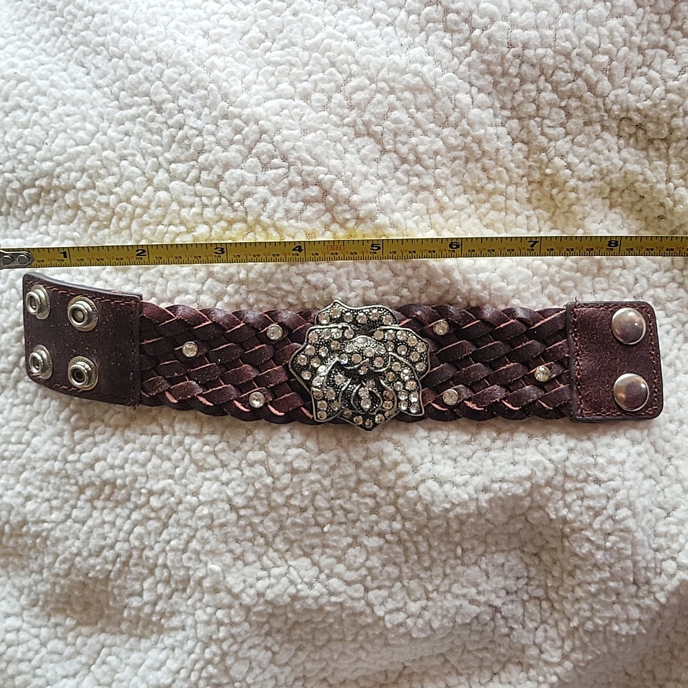 leather rose rhinestone cuff